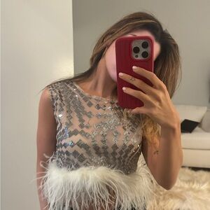 DANA FOLEY DANA DISCO SLEEVELESS FEATHER EMBELLISHED TOP